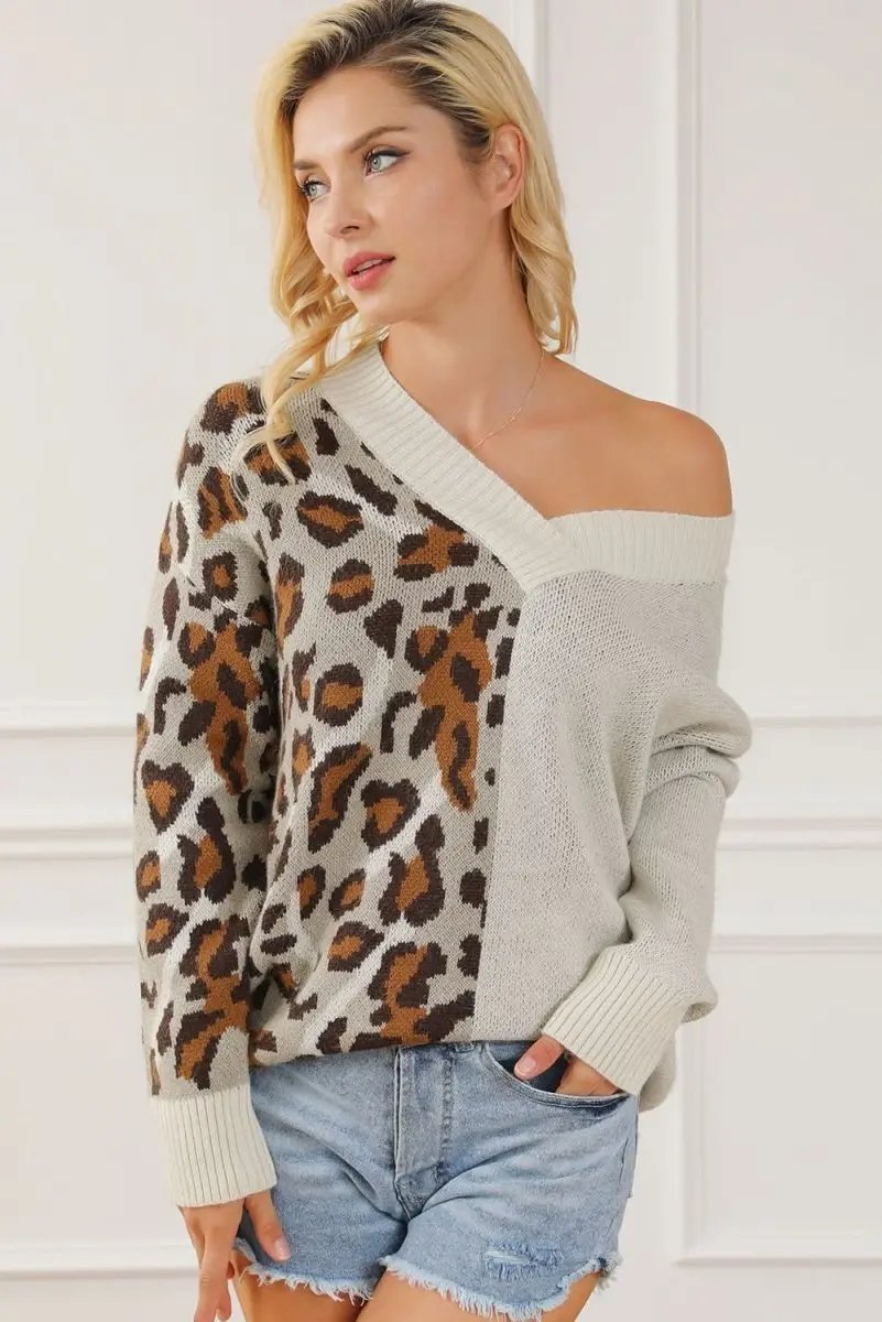 Leopard V Neck Drop Shoulder Sweater - Love Salve